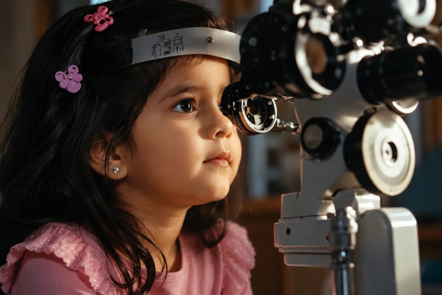 Young girl receiving a comprehensive eye examination with a phoropter, illustrating professional astigmatism diagnosis